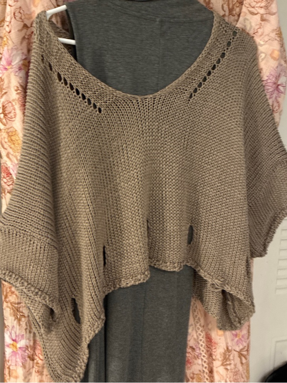 Women's Taupe Knit Open-Stitch Poncho Sweater with the distressed look!!!